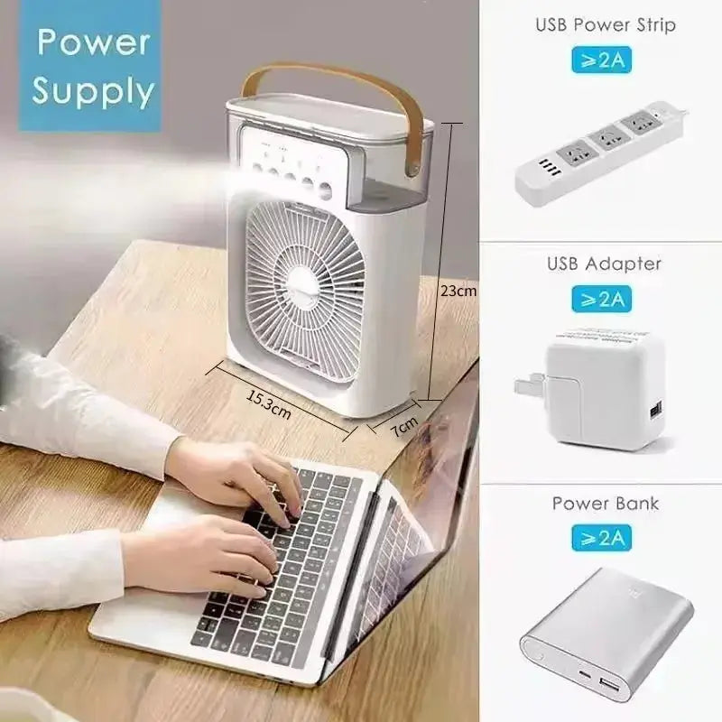 QZGY 3-in-1 Mini Air Cooler Fan with LED Light – Portable Humidifier & USB Rechargeable AC QZGY