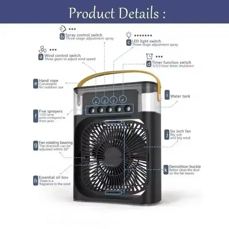 QZGY 3-in-1 Mini Air Cooler Fan with LED Light – Portable Humidifier & USB Rechargeable AC QZGY